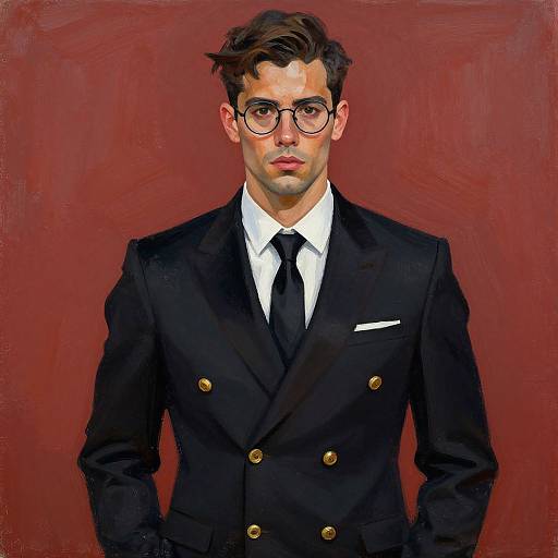 Digital portrait of a serious, fair-skinned man with brown hair, glasses, black suit with gold buttons, white shirt, black tie, and red