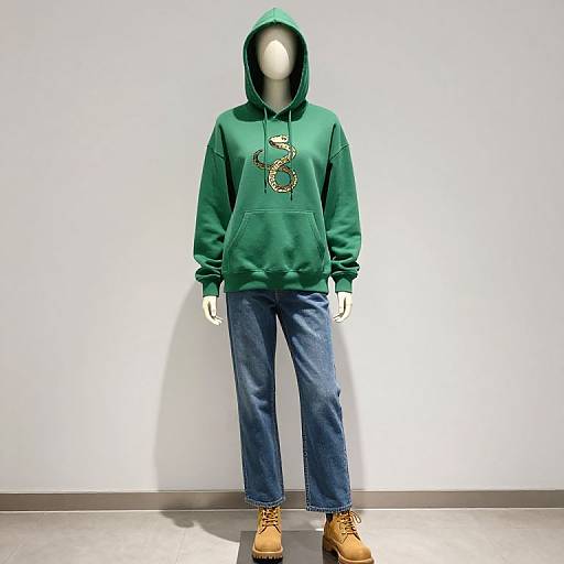 Photograph of a faceless, headless mannequin wearing a green hoodie with a large dollar sign, blue jeans, and tan boots.