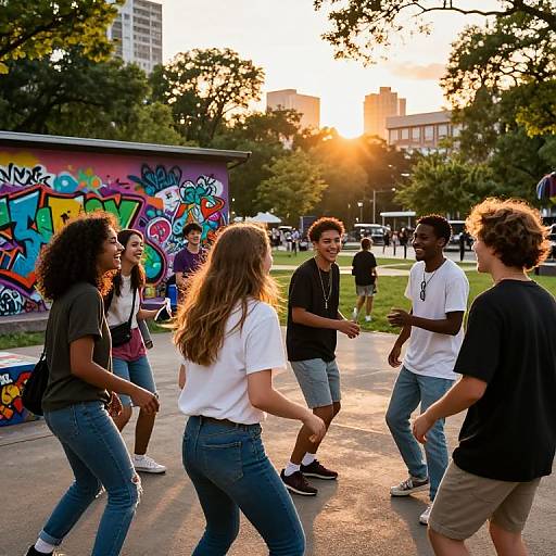 Photograph of diverse group of five young people dancing in urban park at sunset, colorful graffiti wall, trees, and buildings in background.