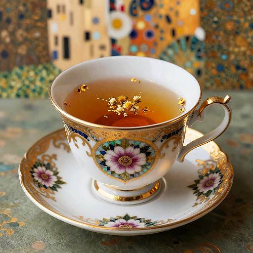 Klimt-Inspired Gilded Porcelain Teacup with Chamomile