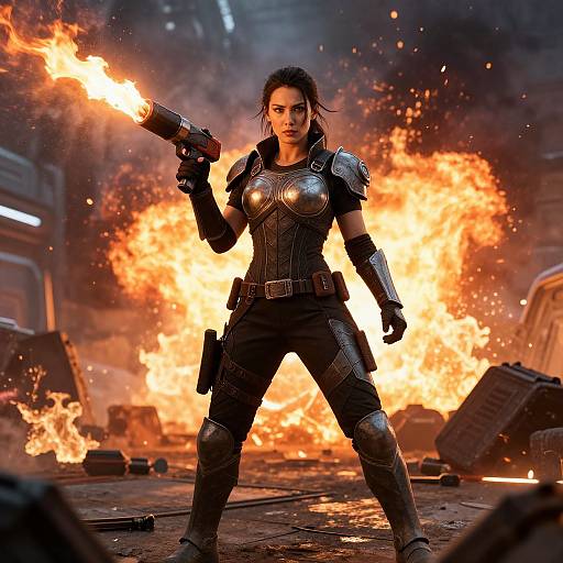Digital artwork of a fierce, armored woman with dark hair, firing a gun at a massive fire in a damaged, industrial setting.