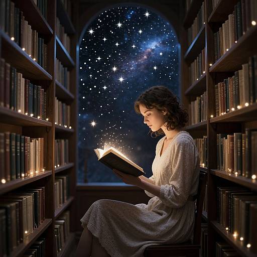 Photograph of a curly-haired woman in a white dress reading a glowing book in a starlit, candlelit library aisle.