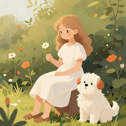 Girl Sitting with Dog in Sunlit Garden