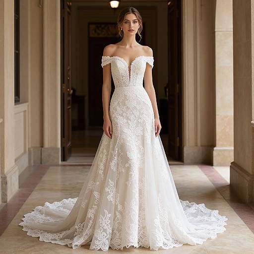 Photograph of a slender, fair-skinned woman with dark hair in an off-shoulder, white lace wedding gown with a long train, standing