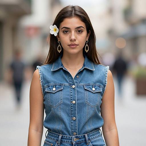 Photograph of a young woman with long brown hair, wearing a blue denim sleeveless shirt, flower hairpin, and dangling earrings, standing in a