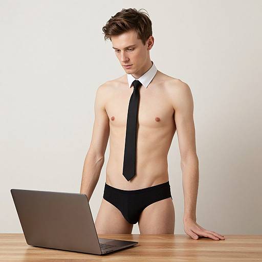 Photograph of a slim, young white man with short brown hair, wearing only black tie and briefs, standing at a wooden table with a laptop