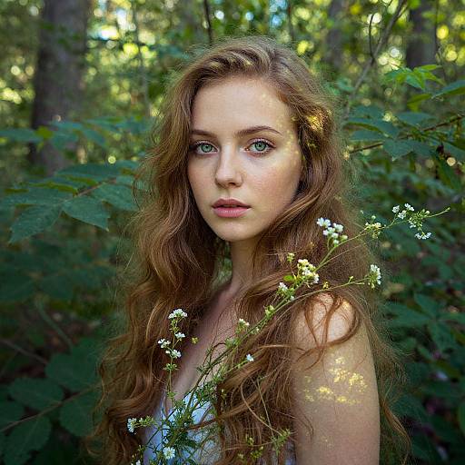 Photograph of a young woman with long, wavy auburn hair, green eyes, and fair skin, surrounded by forest foliage and white wild