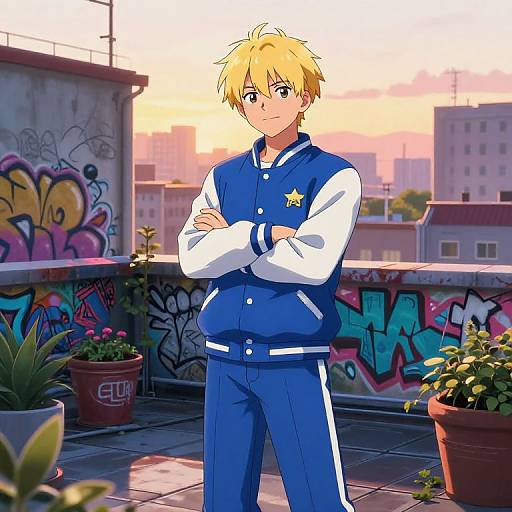 Confident Blonde Anime Boy on Rooftop