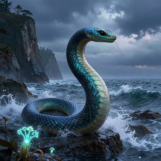 Cerulean Sea Serpent Amid Storm Cliffs