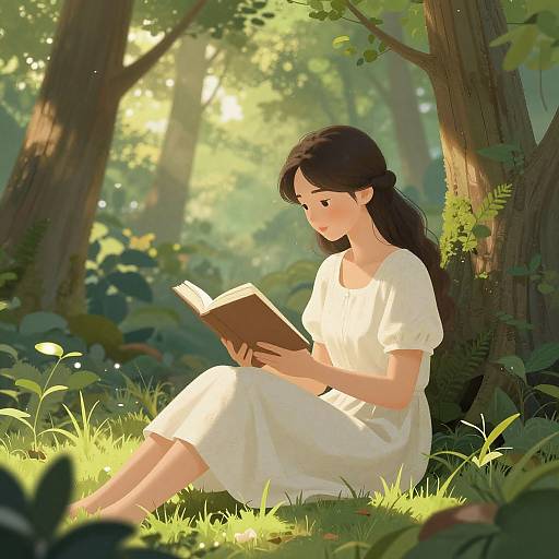 Digital illustration of a young woman with long black hair, wearing a white dress, sitting in a sunlit forest reading a book.