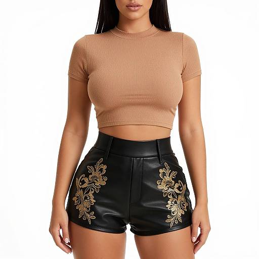Photograph of a woman with long black hair, wearing a ribbed, crop, beige top and black leather shorts with gold floral embroidery.