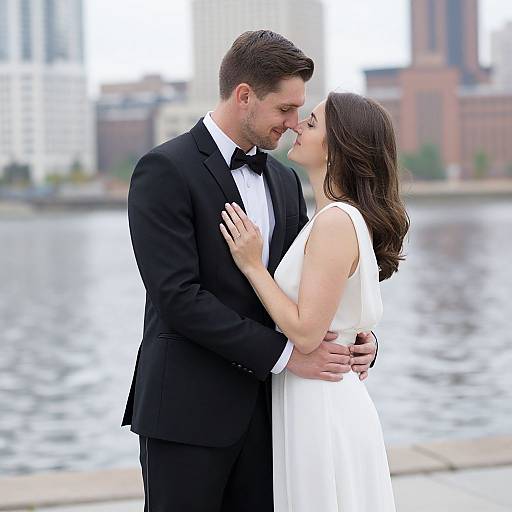 Photograph of a loving couple in formal attire, standing by a river with cityscape background, sharing a tender kiss and embrace. He wears a black