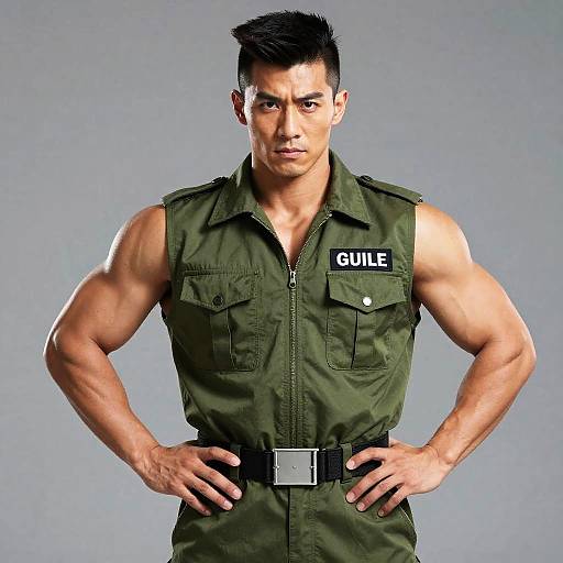 Photograph of a muscular, tan-skinned man with short black hair, wearing a sleeveless olive green military-style shirt labeled 