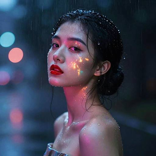 Neon Glow Woman in Rain