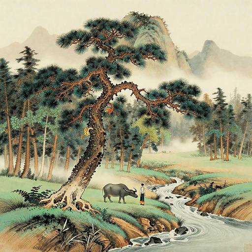 Traditional Asian Landscape with Pine Tree and Water Buffalo