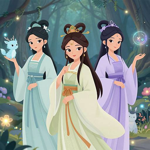 Digital anime-style illustration of three Asian women in traditional white, blue, and lavender kimonos, holding glowing orbs in a magical forest.