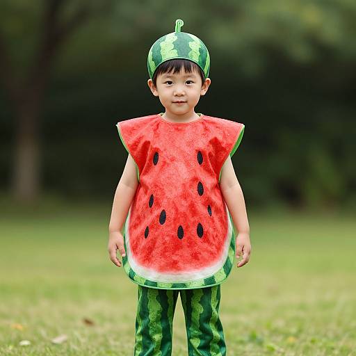 Photograph of an Asian toddler wearing a watermelon-themed costume with green hat, red watermelon shirt, and green pants, standing in a grassy