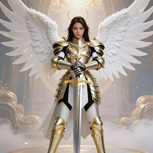 Digital illustration of a fierce, dark-haired angelic warrior with white wings, wearing gold and black armor, holding a sword, standing in a radiant,