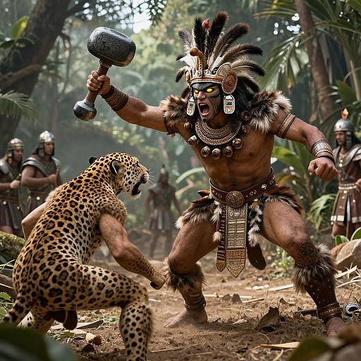 Photograph of muscular, feathered Native warrior with raised hammer, confronting aggressive cheetah in dense jungle, surrounded by armed warriors.