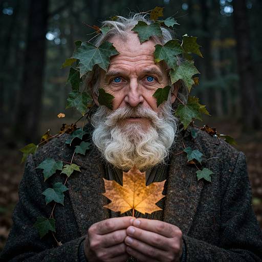 Photograph of an elderly man with a white beard, blue eyes, and green ivy in his hair, holding a glowing autumn leaf in a dark