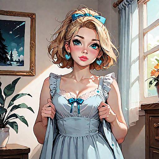 Blonde Girl in Blue Dress with Heart Accessories