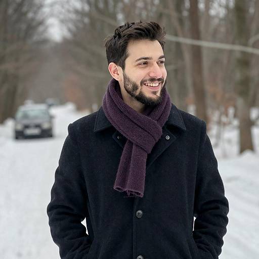 Smiling Bearded Man in Snowy Forest