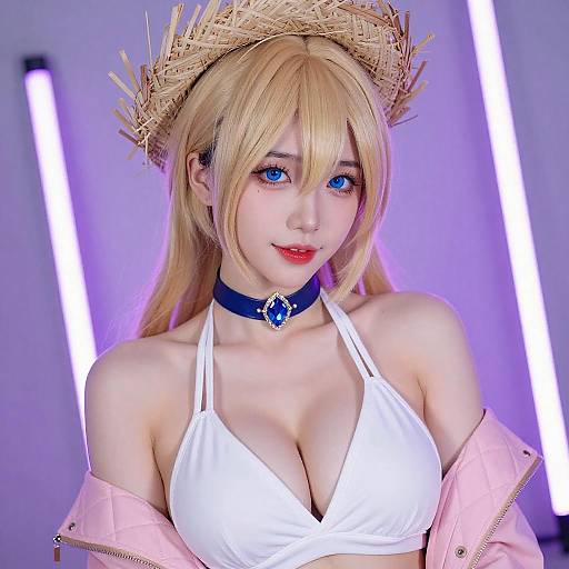 Blonde Cosplay Woman with Neon Lights