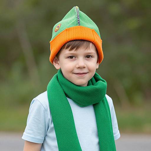 Photograph of a young boy with light skin, brown hair, wearing a green and orange beanie, white t-shirt, and green scarf, smiling