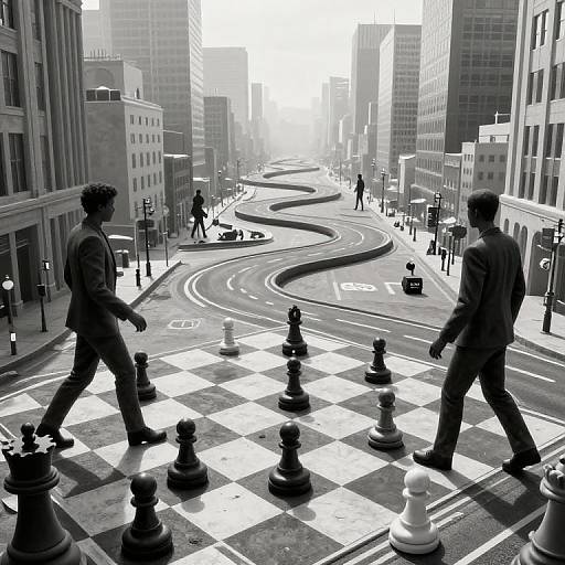 Black-and-white photo: Two suited men walk on a giant chessboard street, with oversized chess pieces and a winding road in a cityscape of tall