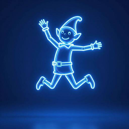 Neon blue outline of a joyful elf with pointed hat, smiling face, and arms raised, jumping against a dark blue background.