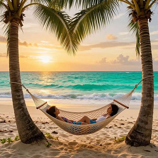 Photograph: Couple lounging in a white hammock between two palm trees on a sandy beach at sunset, with turquoise ocean waves in the background.