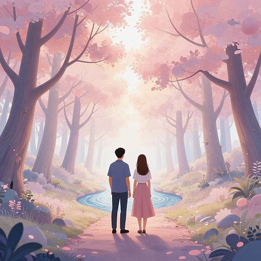 Digital anime-style artwork of a couple standing on a pink-lit forest path, surrounded by tall trees with vibrant pink leaves, and a glowing, winding