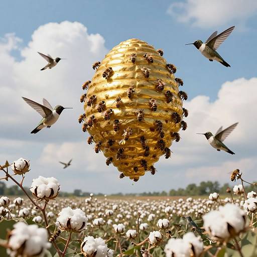 Photograph of a golden, honeybee-covered hive suspended above a cotton field, with three hummingbirds flying around it under a blue sky with white clouds