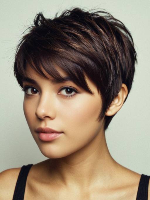 Young woman with dark brown pixie cut hairstyle