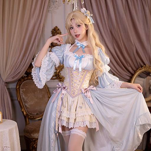 Blonde woman in detailed, light blue Victorian-style lace dress with white trim, blue ribbon, and flower headpiece, poses elegantly in a luxurious