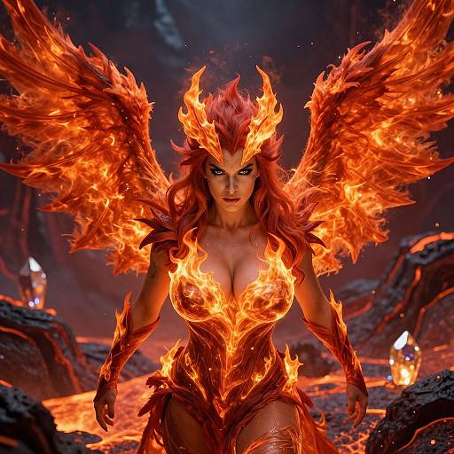 Fiery Firebird Woman in Volcanic Realm