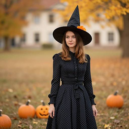 Photograph of a young woman with light brown hair in a black witch hat and polka dot dress, standing in a fall-laden yard with carved