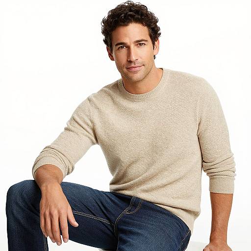 Photograph of a handsome, curly-haired man with light skin, wearing a cream sweater and blue jeans, sitting casually against a white background.