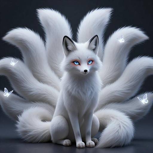 Mystical Nine-Tailed White Fox with Glowing Butterflies