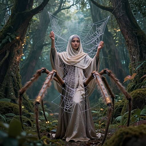 Photorealistic digital art: Woman in white hooded robe and spider-like legs holds large web in dense, mystical forest.