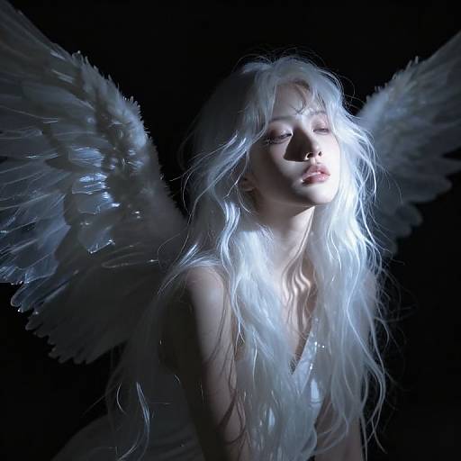 Photograph of a pale-skinned, ethereal woman with long, white, tousled hair and large, glowing white wings, illuminated from the side