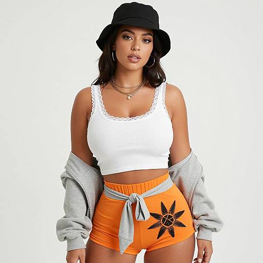 Photograph of a young woman with medium brown skin, wearing a black hat, white lace-trimmed tank top, orange shorts with black star pattern