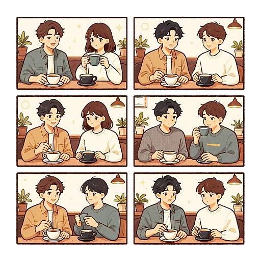 Comic Frames of Friends Enjoying Coffee