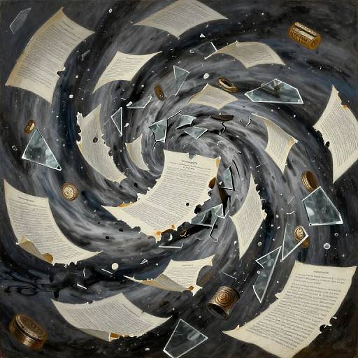 Abstract digital art featuring swirling black and white brushstrokes, scattered papers, and gold coins, creating a dynamic, vortex-like pattern.