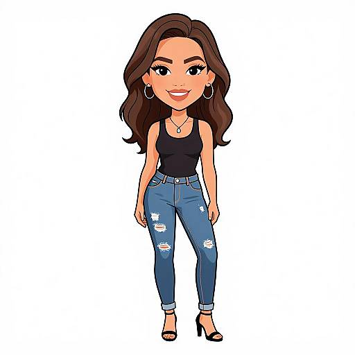 Cartoon-style illustration of a smiling woman with long brown hair, wearing a black tank top, ripped blue jeans, and black heels.