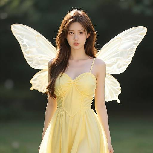 Photograph of a young Asian woman with long brown hair, wearing a yellow dress and glowing white fairy wings, standing in a sunlit, green forest