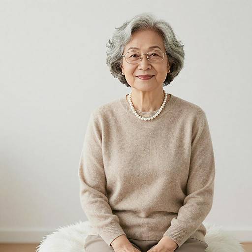 Photograph of an elderly Asian woman with short gray hair, wearing glasses, a beige sweater, pearl necklace, and sitting on a white fur rug against