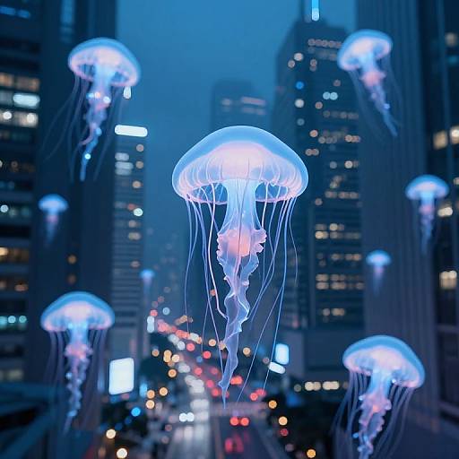 Photograph of glowing blue jellyfish floating in a cityscape at night, surrounded by blurred skyscrapers and neon lights.