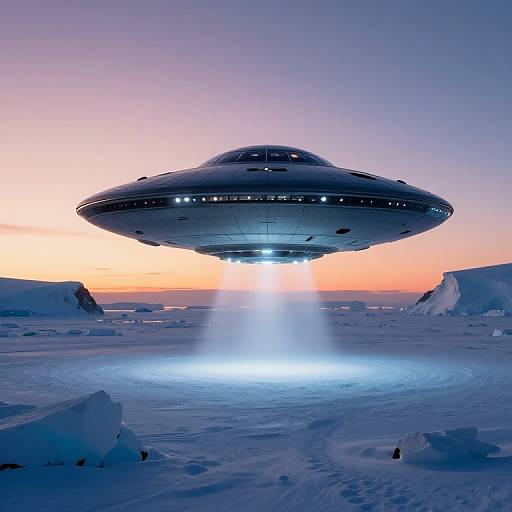 Photograph of a futuristic UFO hovering above a snowy, icy landscape at sunset, with bright blue beams of light emanating from its underside.