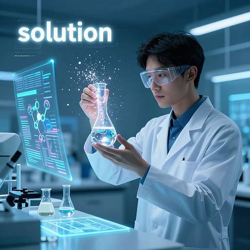 Photograph of an Asian male scientist in a white lab coat, clear goggles, examining glowing blue liquid in a flask, in a futuristic, blue-l